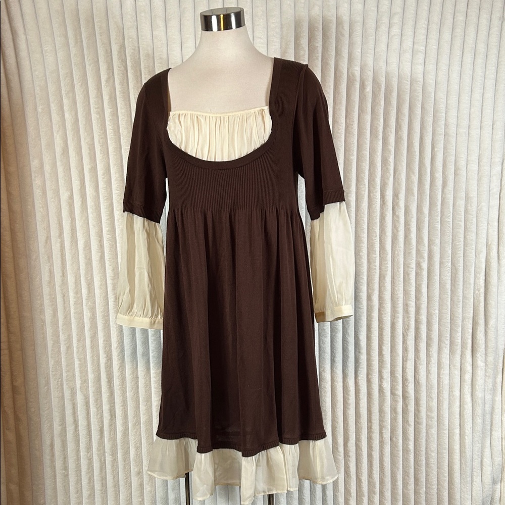 MSSP Max studio brown milkmaid peasant style sweater dress ruffle trimmed size L
